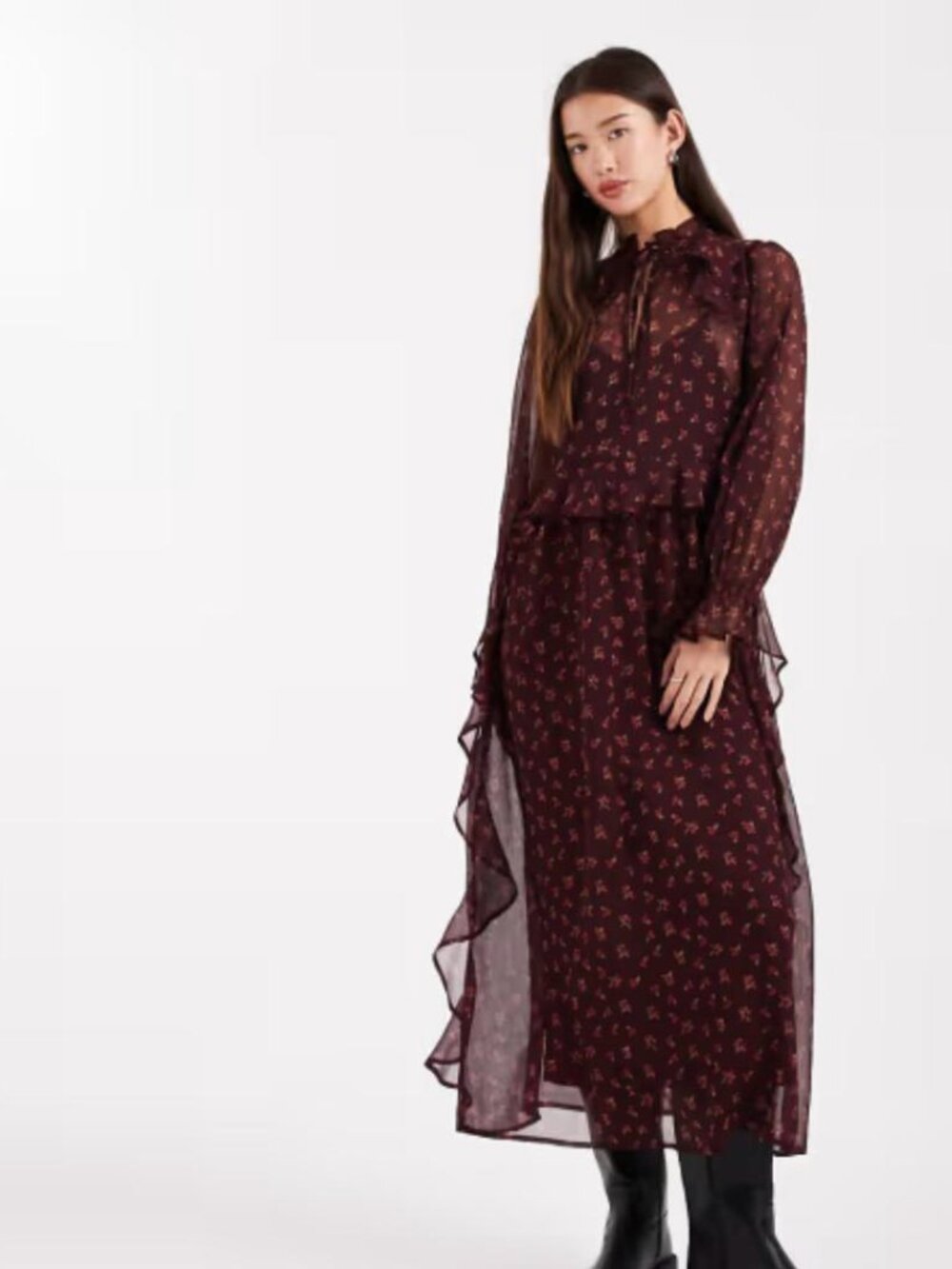 Wednesday's Girl High Neck Floaty Midaxi Dress | Floral Plum | Size M | NWT